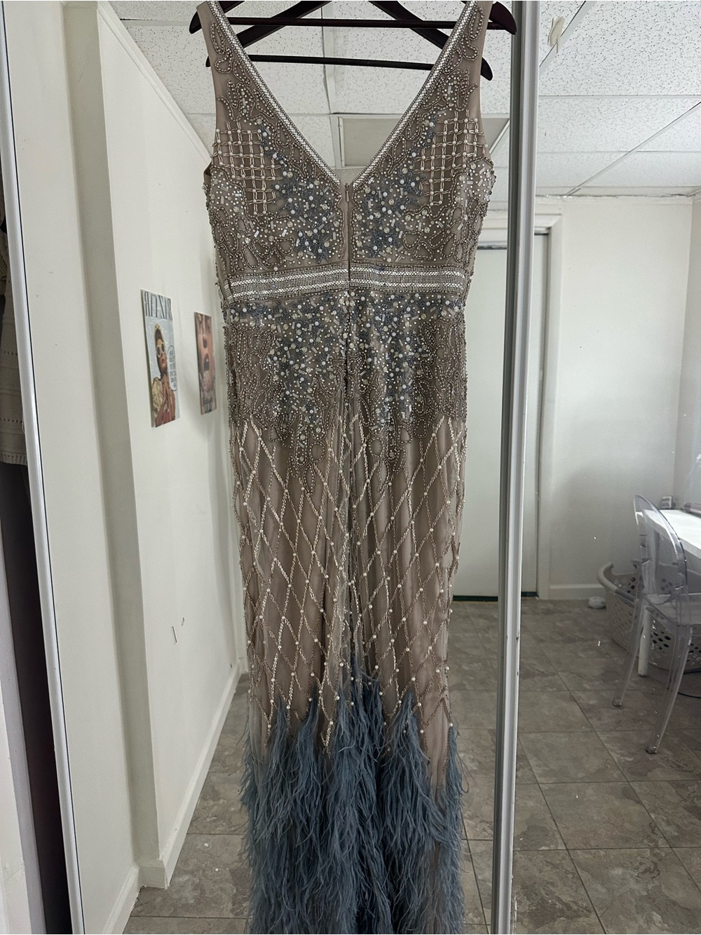 Jovani Beaded V-Neck Evening Gown in Nude and Dusty Blue Feather Trim - Picture 3 of 3